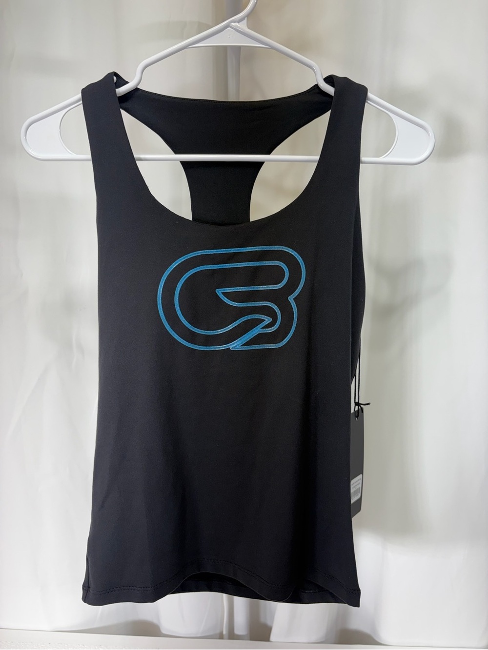 Black Racerback Tank Top with Blue Graphic Logo 4222